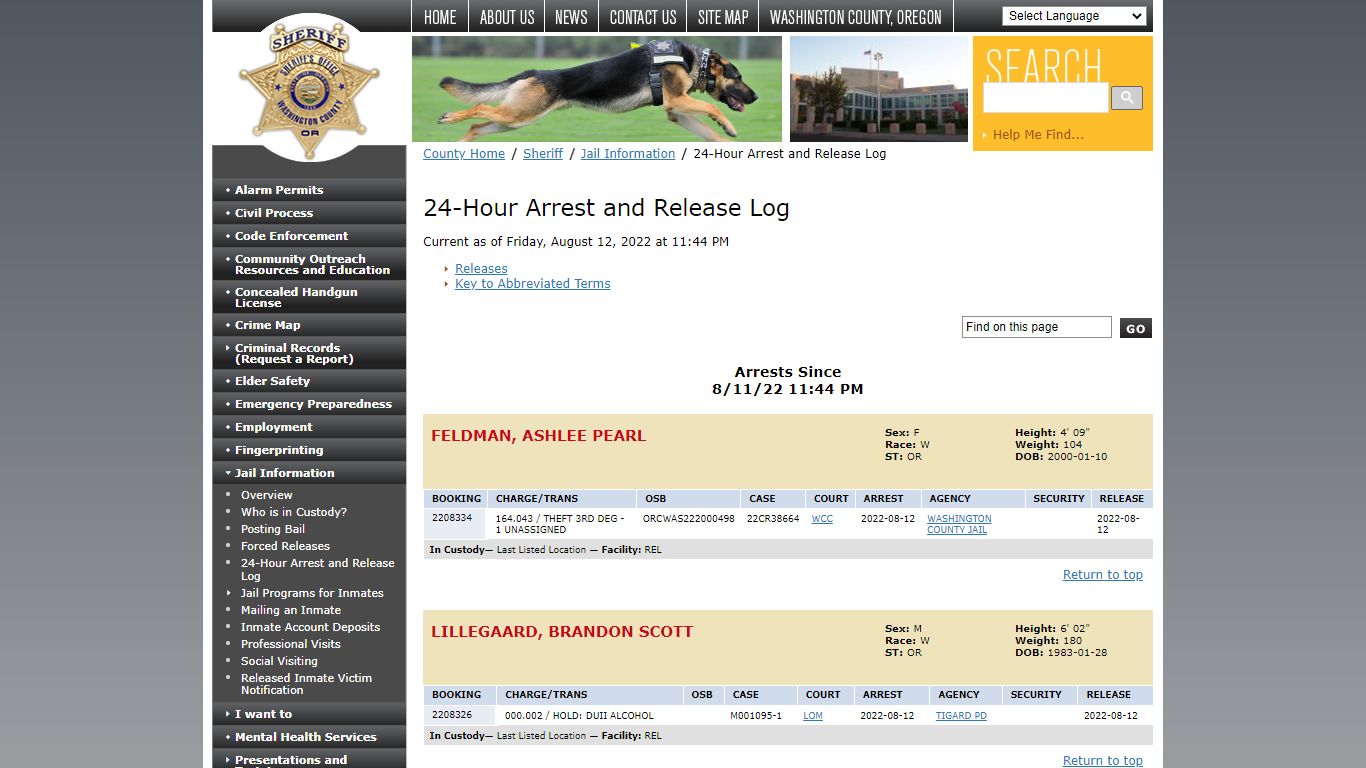 24-Hour Arrest and Release Log - Washington County, Oregon